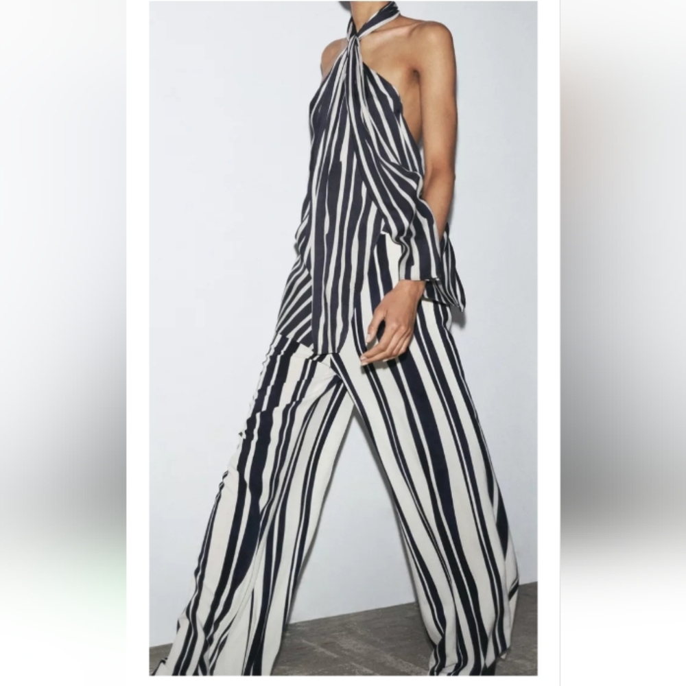 Zara Zw Collection Striped Halter Top And   Mid-Rise Wide Leg Flowy Pants Sz-XL